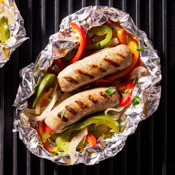 sausage and peppers in a foil pack on the grill