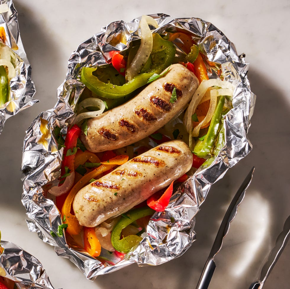 sausage and peppers in a foil pack on the grill
