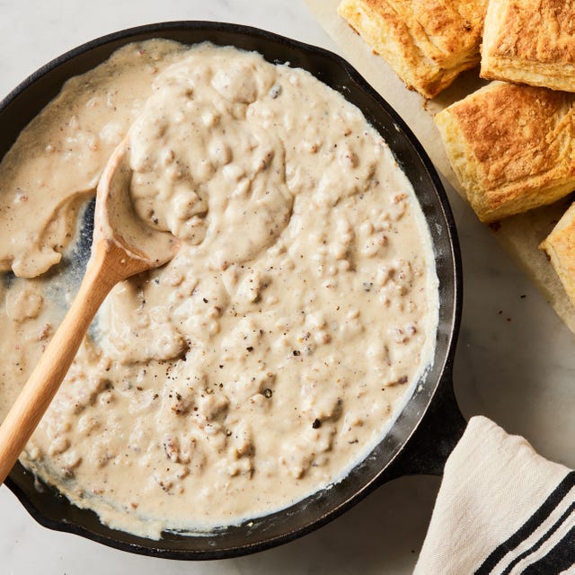 creamy white gravy with sausage paired with flaky biscuits