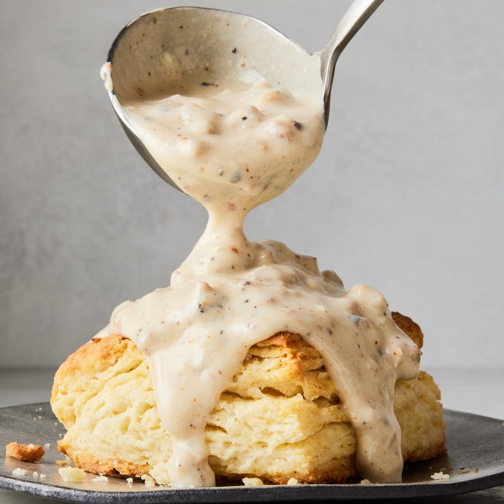 creamy white gravy with sausage paired with flaky biscuits