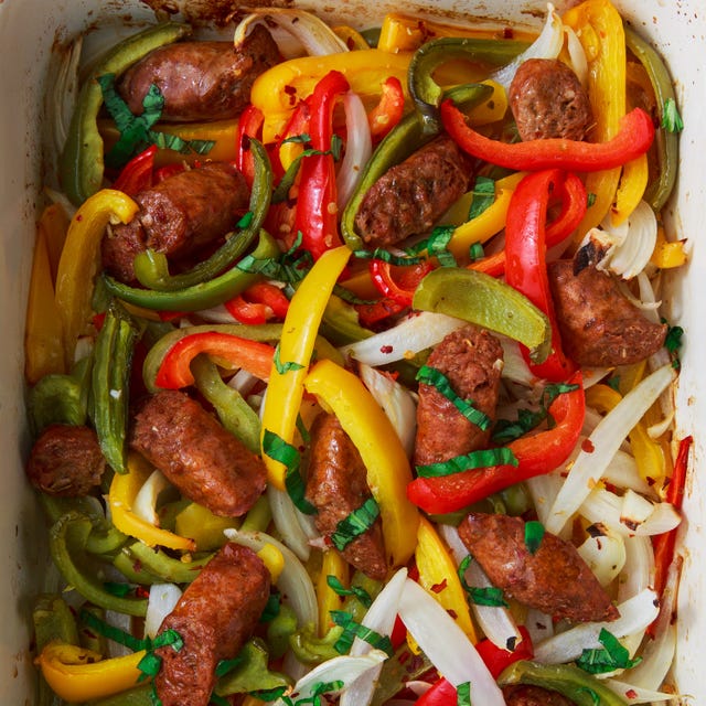 sausage, peppers, and onions baked in a casserole dish
