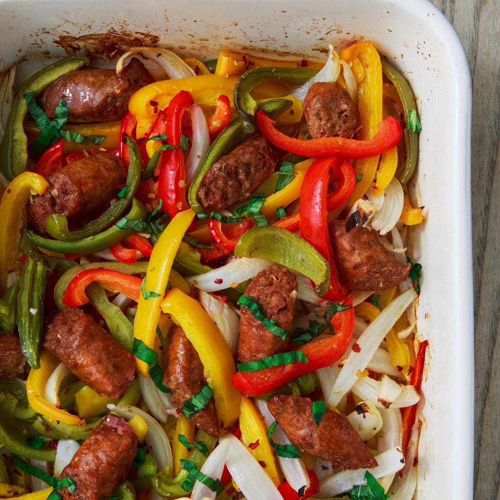 sausage, peppers, and onions baked in a casserole dish