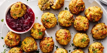 sausage stuffing bites with cranberry sauce