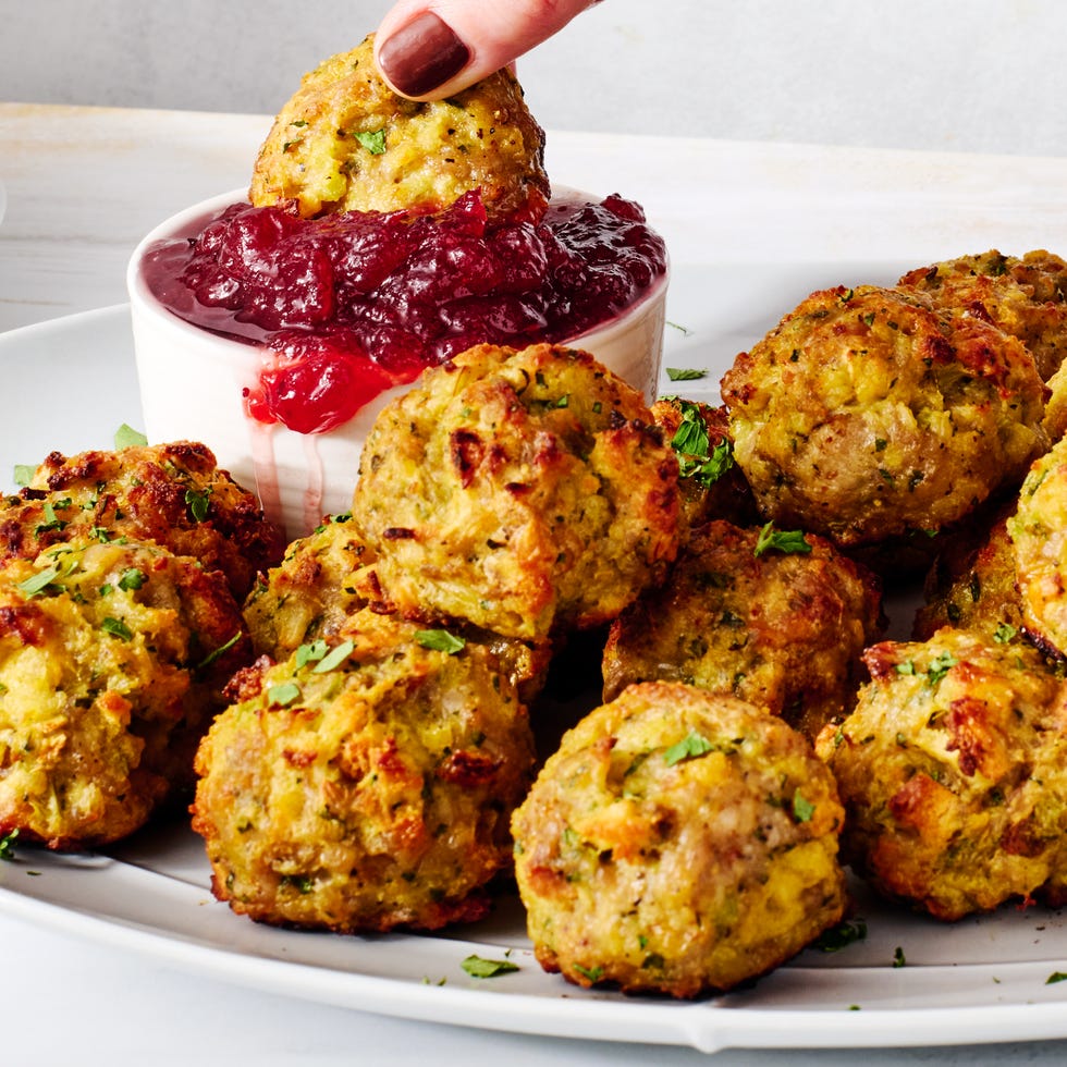 sausage stuffing bites with cranberry sauce