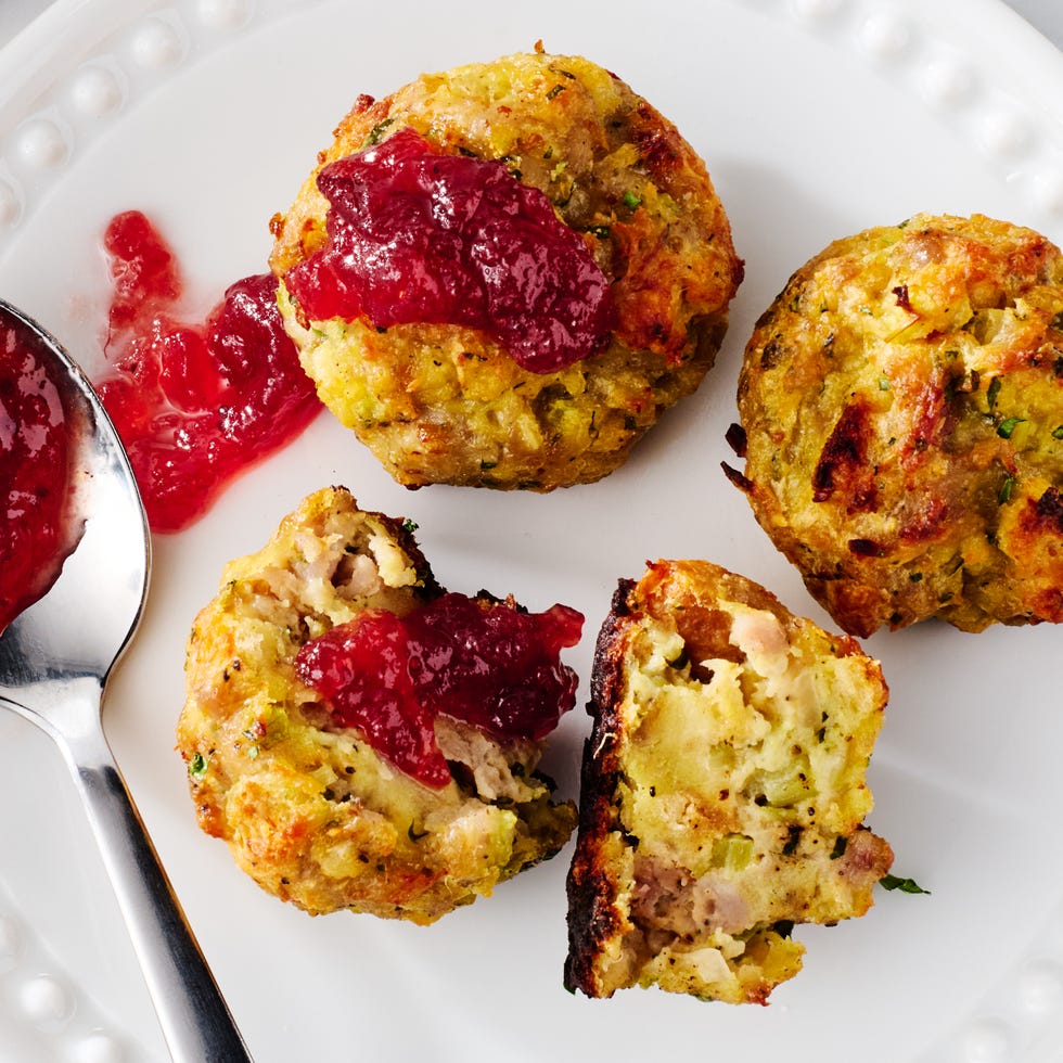 sausage stuffing bites with cranberry sauce