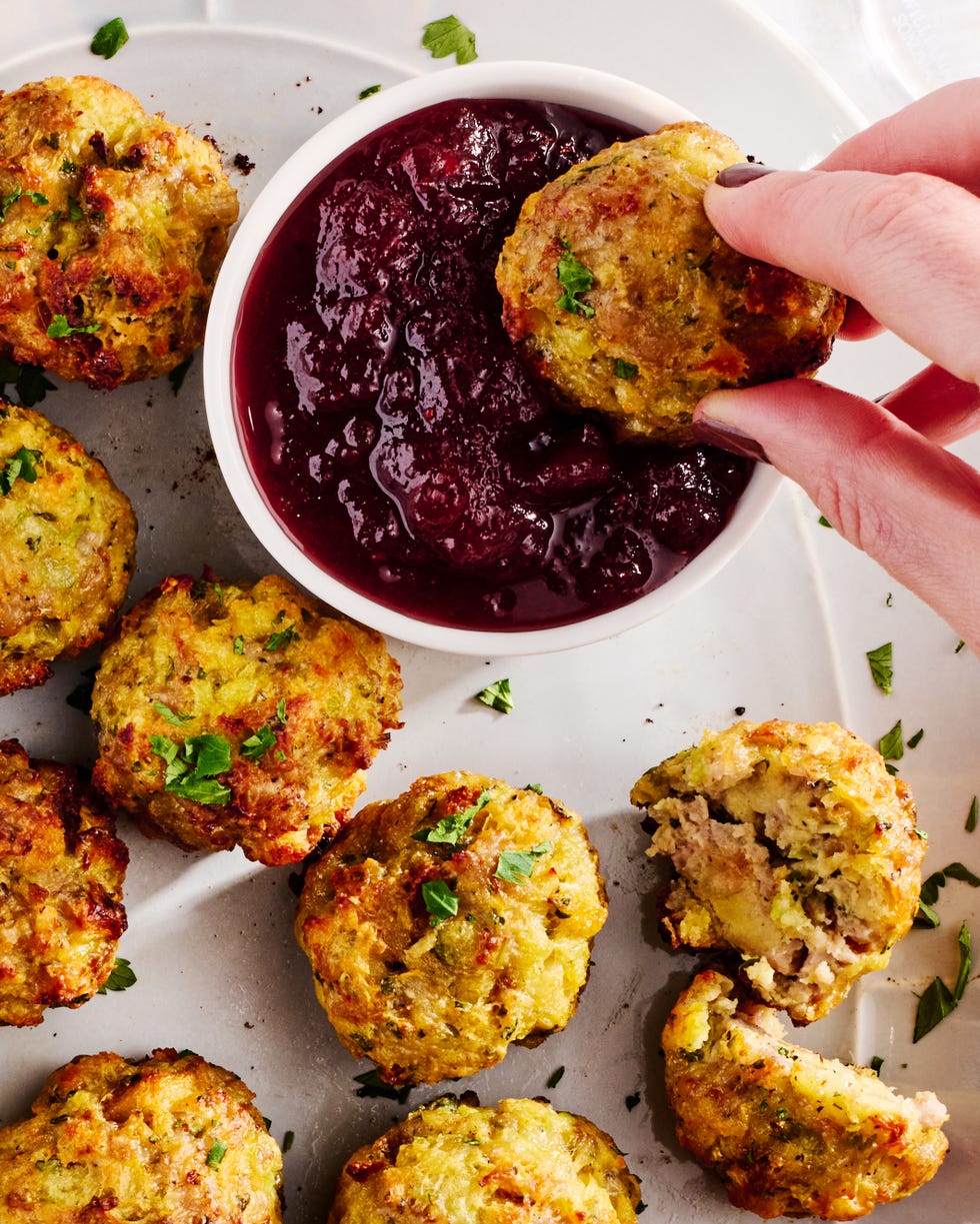 sausage stuffing bites with cranberry sauce