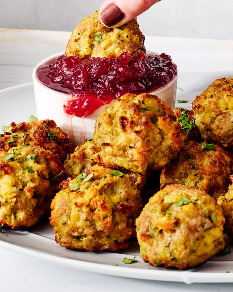 sausage stuffing bites with cranberry sauce