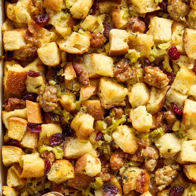 sausage stuffing in a white casserole dish