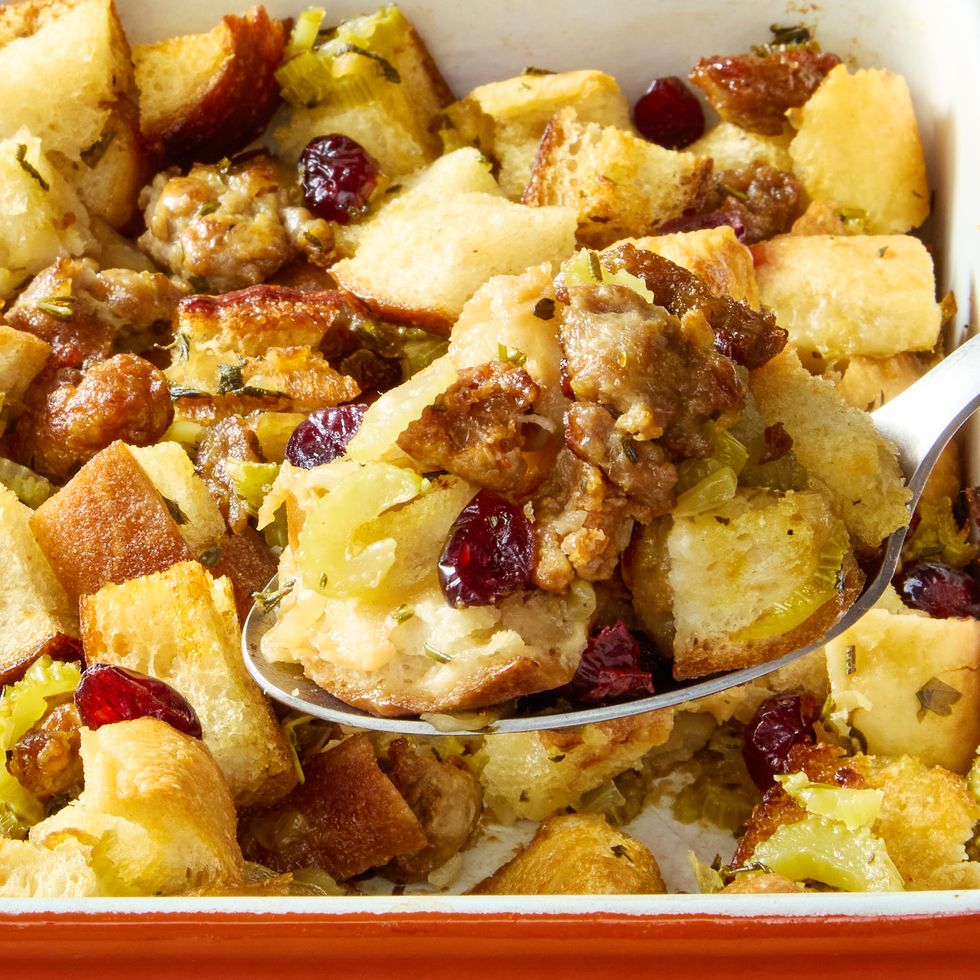 sausage stuffing in a white casserole dish