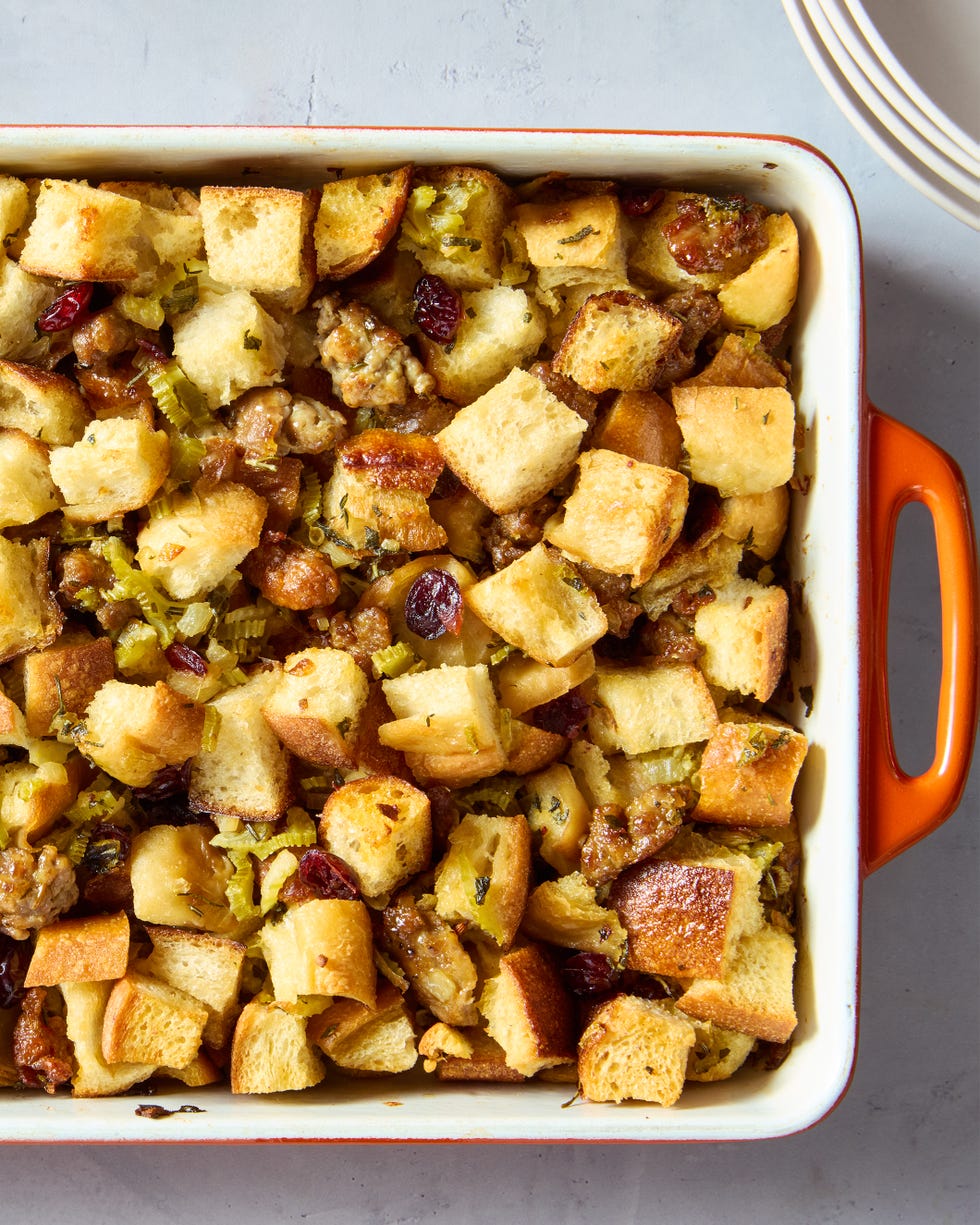 sausage stuffing in a white casserole dish