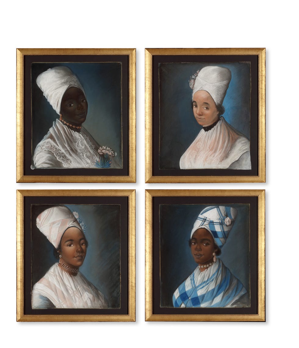 four framed portraits of women showcasing historical clothing and accessories