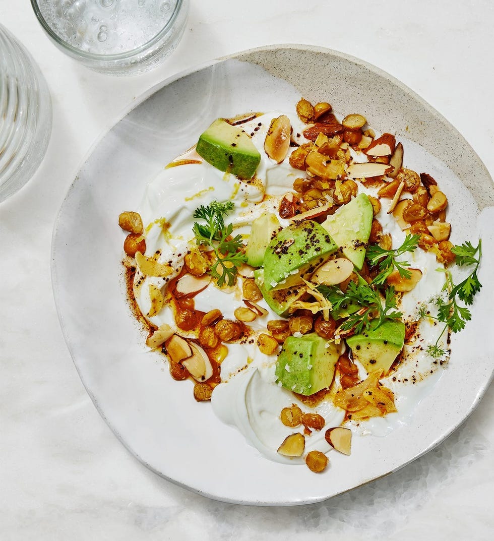 savory yogurt with avocado and chickpea ‘granola’