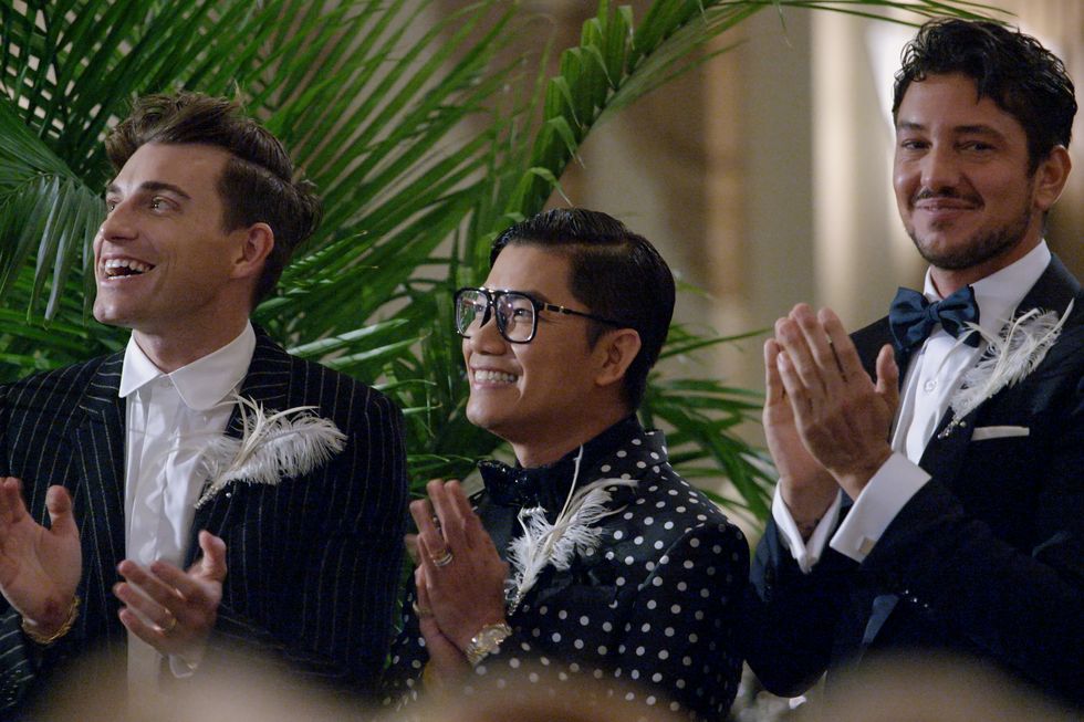 say i do l to r interior designer jeremiah brent, fashion designer thai nguyen and chef gabriele bertaccini in episode 4 of say i do cr netflix © 2020