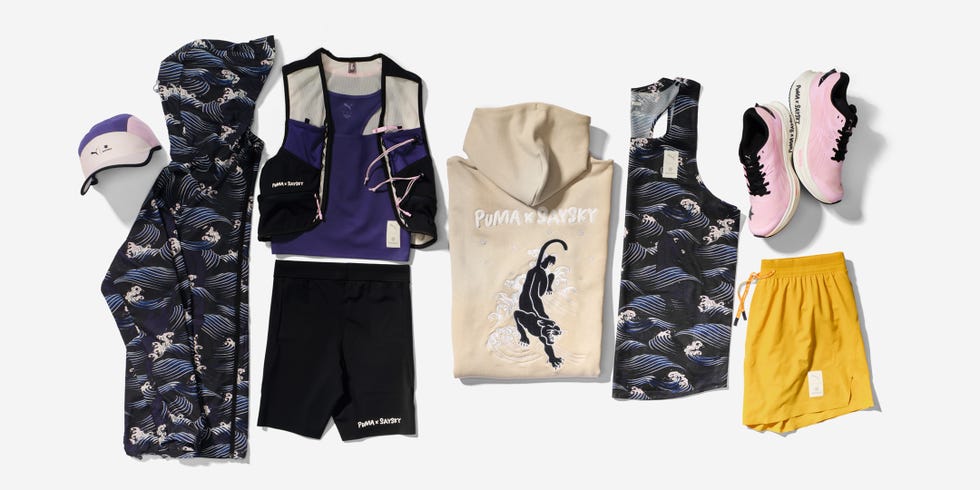 athletic apparel and footwear collection featuring various clothing items and shoes