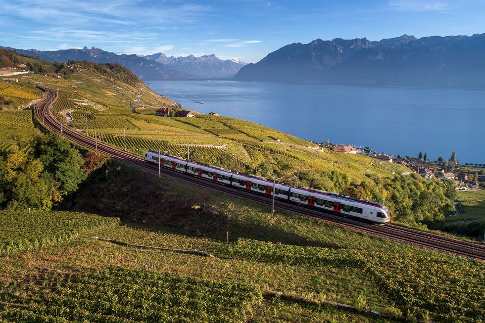 Een Zwitserse trein biedt passagiers een panoramauitzicht over de wijngaarden van Lavaux een Werelderfgoed