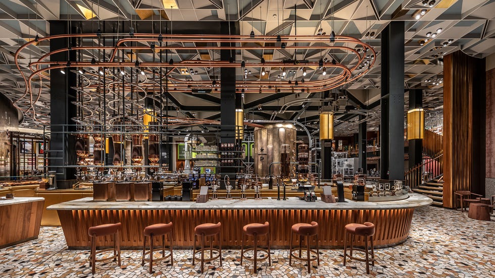 Building, Table, Interior design, Architecture, Furniture, Restaurant, Room, Beam, Lobby, Chair, 