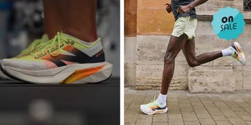 running shoes displayed for sale alongside a runner in action