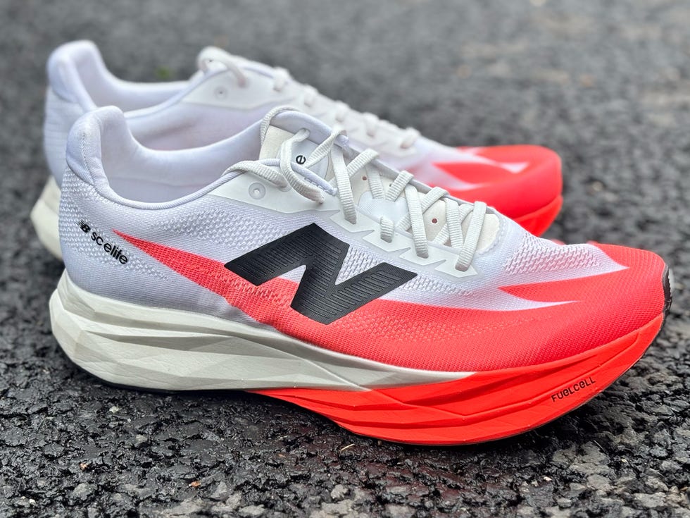 close up of a white and red running shoe
