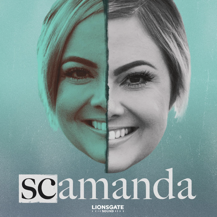 a person smiling with text overlay below as a scamanda podcast logo