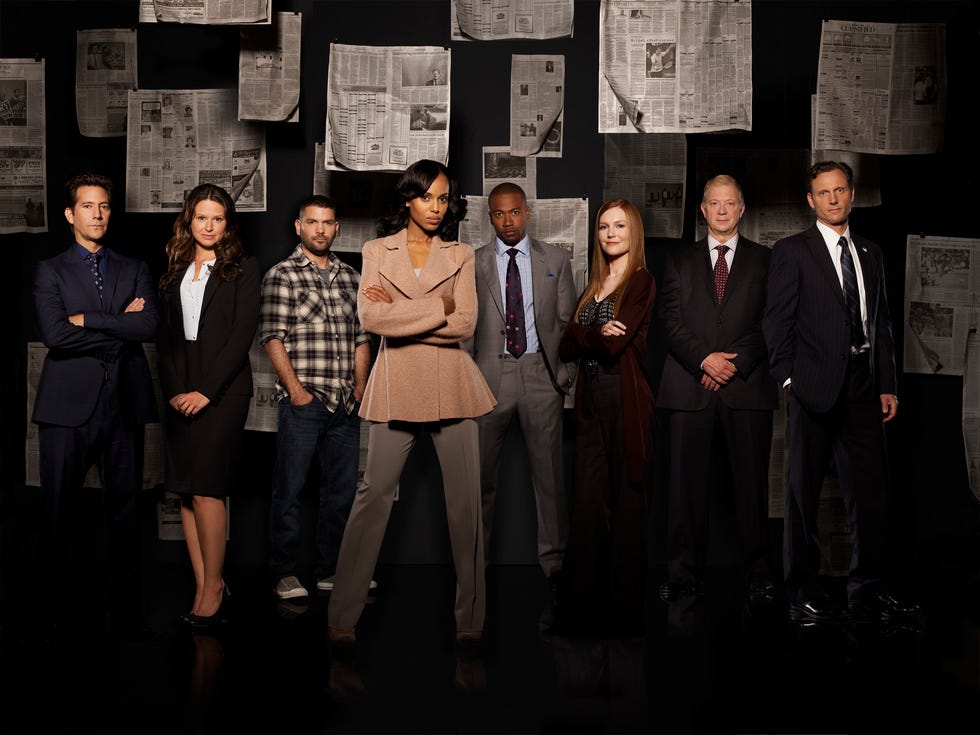 scandal   abc's "scandal" stars henry ian cusick as stephen finch, katie lowes as quinn perkins, guillermo diaz as huck, kerry washington as olivia pope, columbus short as harrison wright, darby stanchfield as abby whelan, jeff perry as cyrus and tony goldwyn as president fitzgerald grant abccraig sjodin