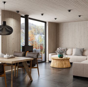 scandinavian living room with sofas, fireplace and natural wood accents