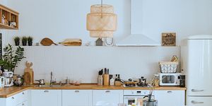 scandinavian style cozy modern kitchen interior with a dining zone, white modern interior, everyday still llife, stay at home coronavirus quarantine, chores