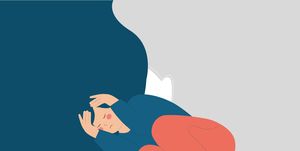 scared woman with insomnia on bed covering her face girl having nightmares in bedroom at night sleeping problem, phobias