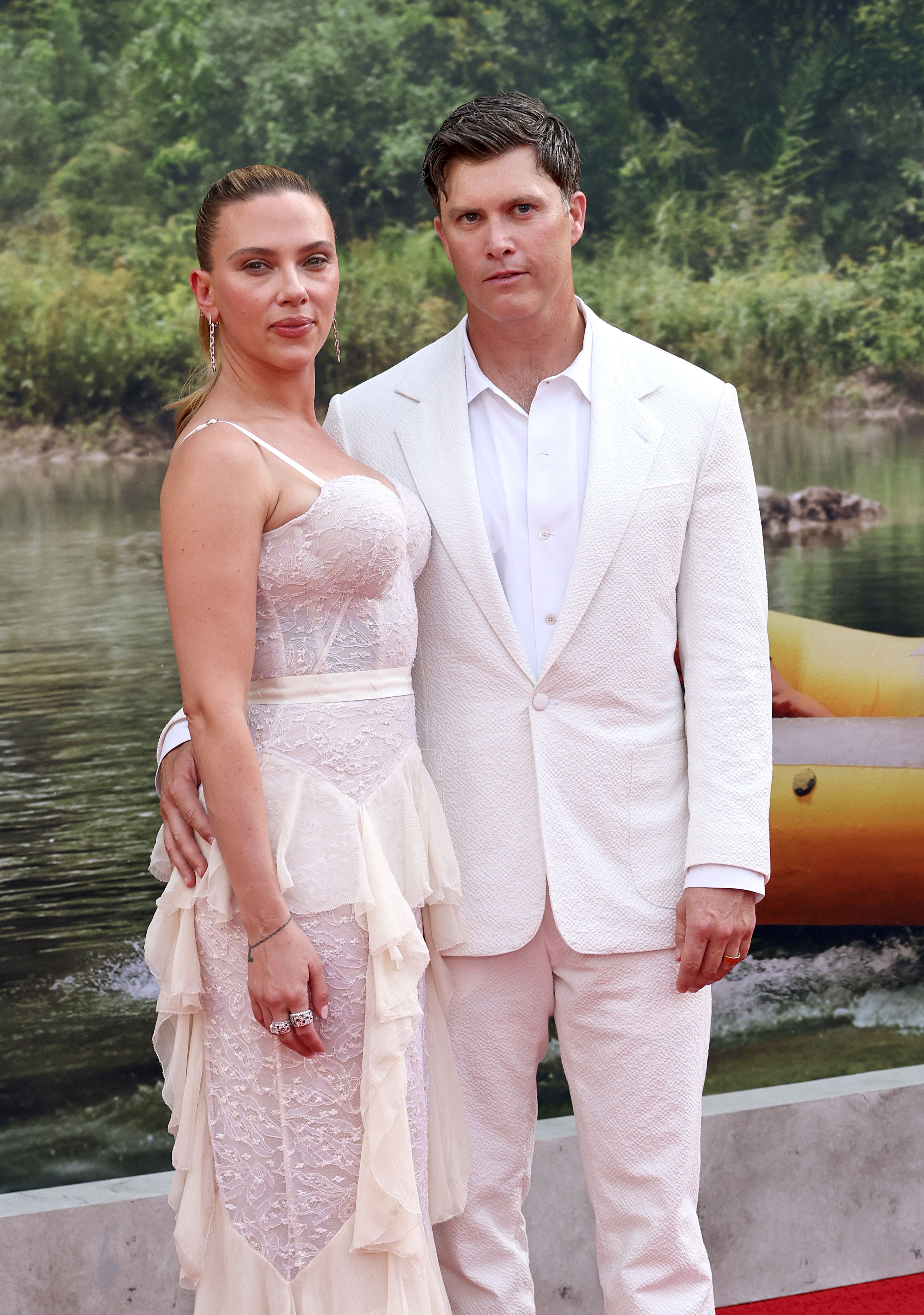 Scarlett Johansson and Husband Colin Jost Match in Wedding Whites at <i>Jurassic World Rebirth</i> Premiere