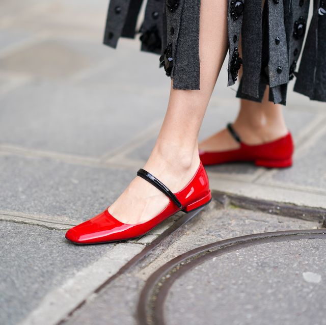 paris, france   october 12 natalia verza wears red leather shiny prada flat shoes, on october 12, 2020 in paris, france photo by edward berthelotgetty images