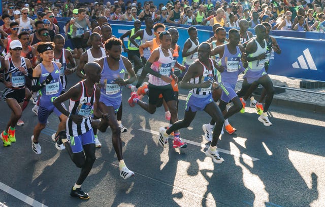 29 september 2024, berlin athletics, marathon tadese takele 4th from left from ethiopia and other runners start the race photo andreas goradpa photo by andreas gorapicture alliance via getty images