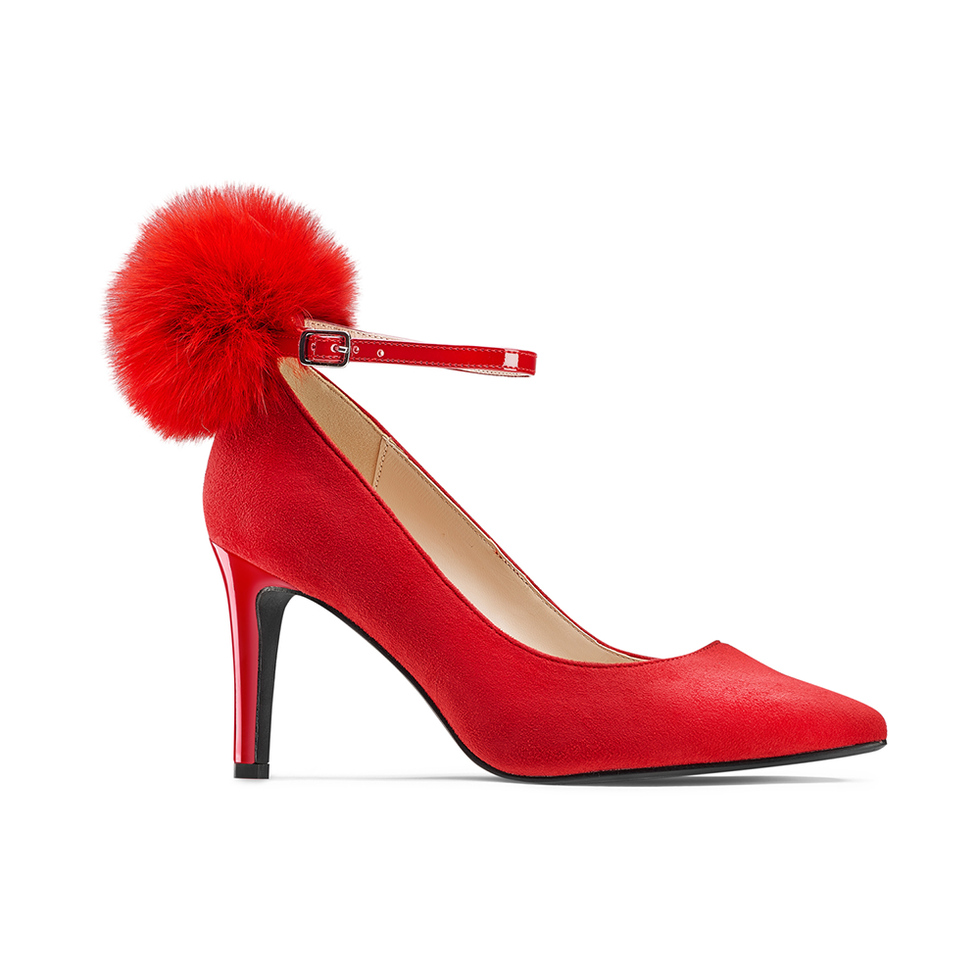 High heels, Footwear, Red, Basic pump, Shoe, Court shoe, Mary jane, Fur, Fashion accessory, Carmine, 