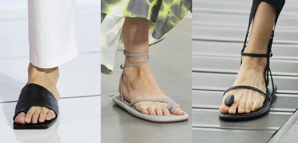la moda della prossima estate 2021 scende dai tacchi alti per abbracciare nuovi modelli di scarpe basse tra kitten heel e infradito ultra flat è un bel match