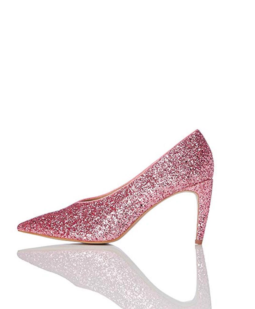 Footwear, High heels, Court shoe, Shoe, Glitter, Pink, Slingback, Basic pump, Magenta, Fashion accessory, 