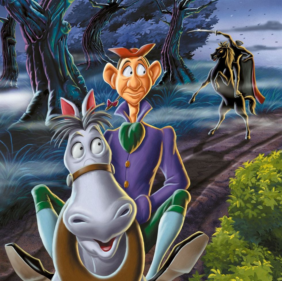 ichabod crane goes riding down a path with the headless horseman behind in a scene from ichabod and mr toad a good housekeeping pick for best scary movies for kids