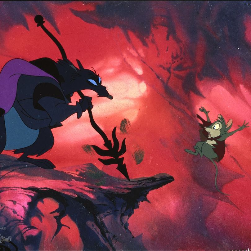 mrs brisby meets an intelligent rat and falls off a ledge in a scene from 'the scret of nimh,'a good housekeeping pick for best scary movies for kids