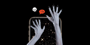 two hands with black nail polish stretched across a phone screen