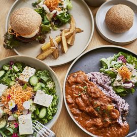 scene at a table with a couple enjoying lunch at a vegan cafe