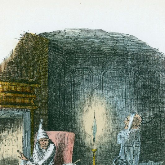 a color rendering of ebenezer scrooge sitting in a chair next to a fireplace, looking startled as a ghost walks toward him, wearing chains around his body