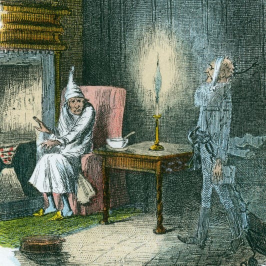 a color rendering of ebenezer scrooge sitting in a chair next to a fireplace, looking startled as a ghost walks toward him, wearing chains around his body