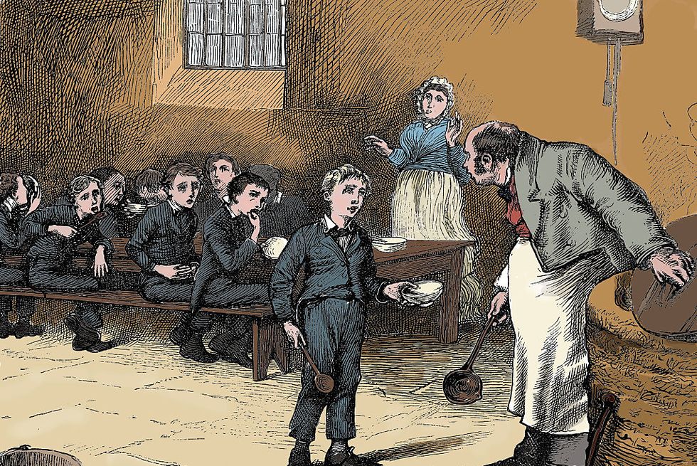 a color rendering of oliver twist holding a bowl and asking the headmaster for more porridge, with other children watching in surprise from a table behind him