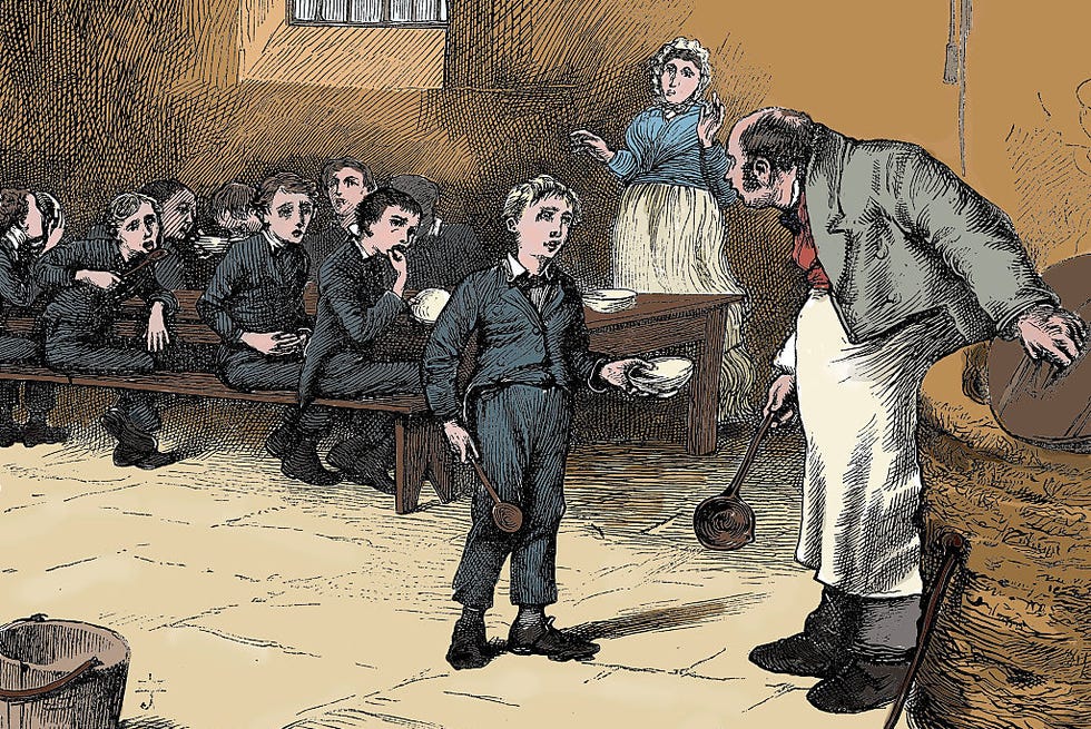 a color rendering of oliver twist holding a bowl and asking the headmaster for more porridge, with other children watching in surprise from a table behind him