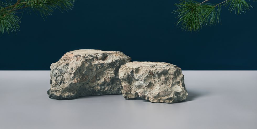 Scene with empty gray stone podium and pine branches