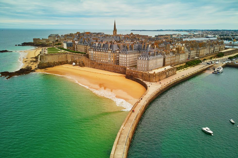 scenic aerial drone view of saint malo intra muros, brittany, france