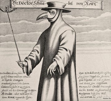 gravure uit 1656 van een romeinse arts met een pestmasker