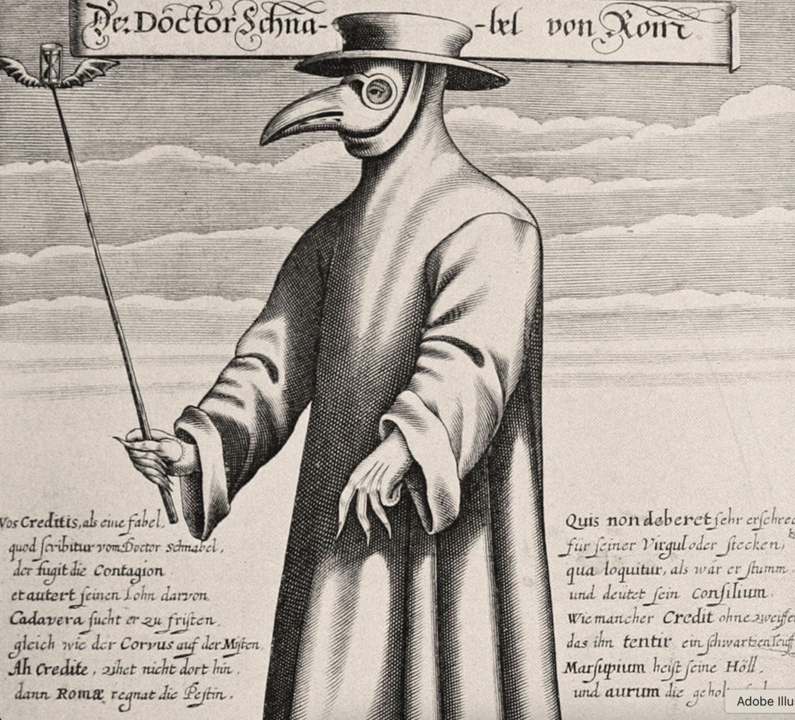 gravure uit 1656 van een romeinse arts met een pestmasker