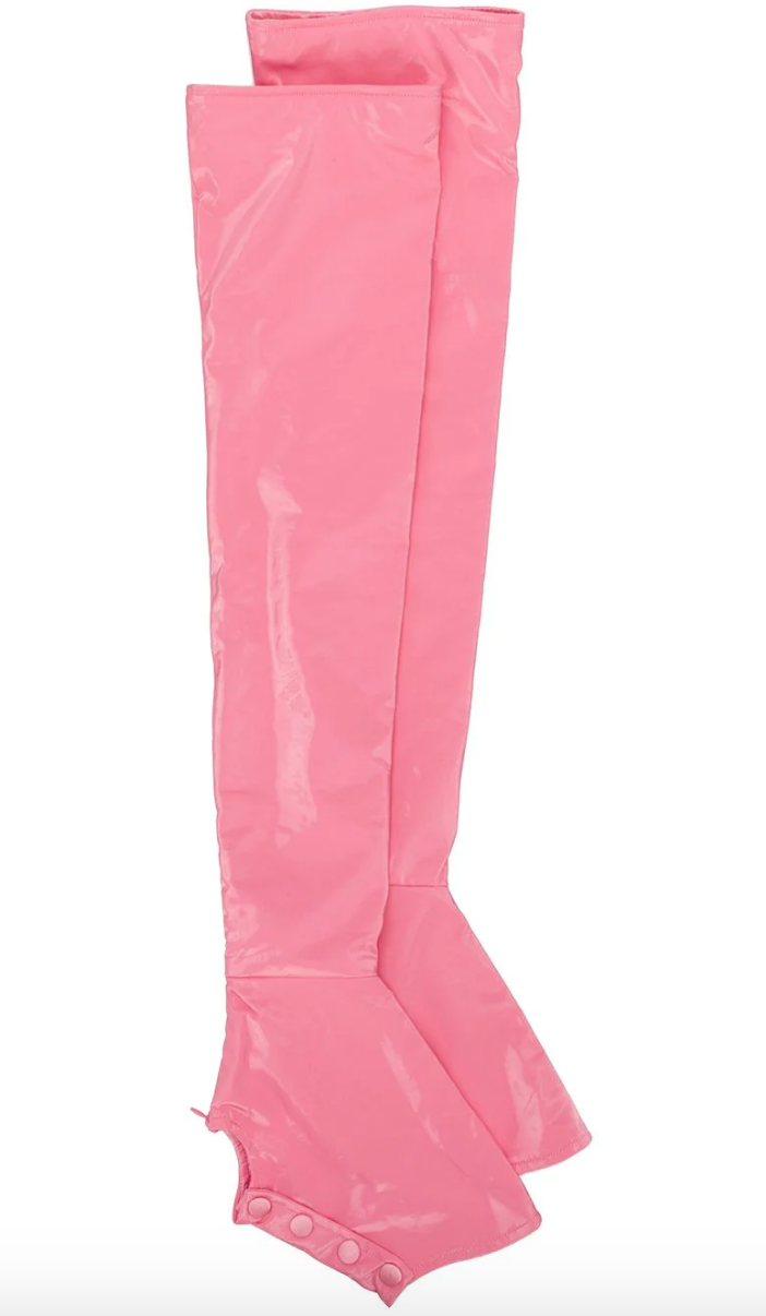 Pink, Footwear, Costume accessory, Boot, Knee-high boot, Shoe, Magenta, Trousers, Thigh, 