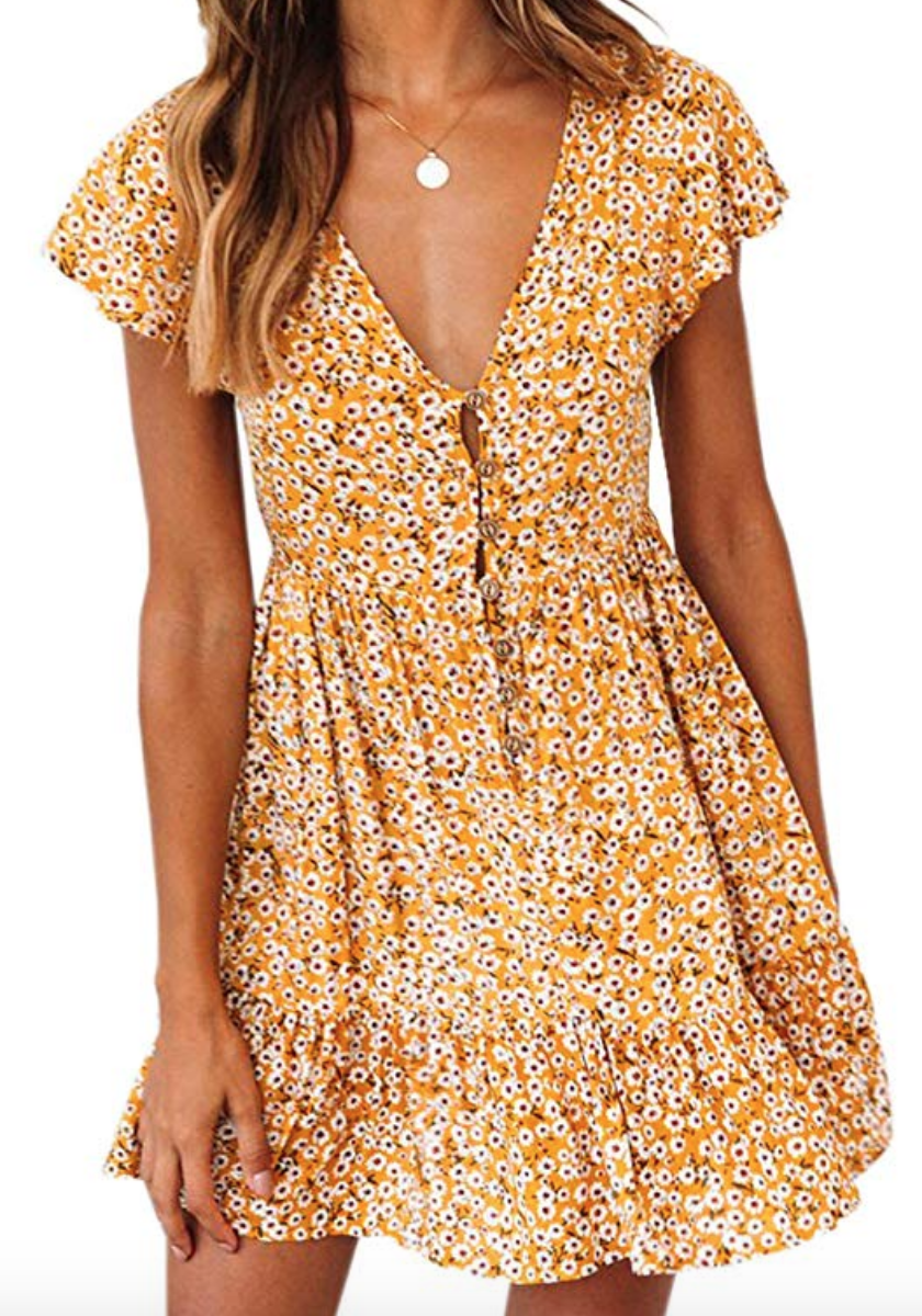 Clothing, Day dress, Dress, Yellow, Neck, Cocktail dress, Sleeve, Cover-up, Waist, A-line, 