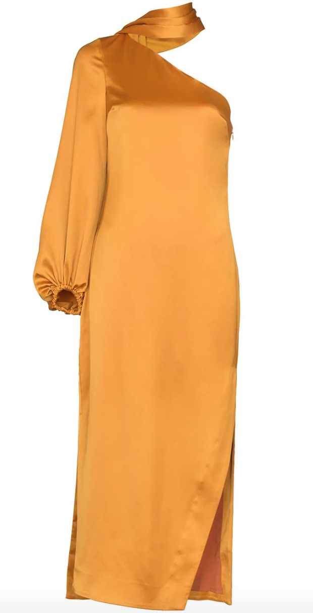 Clothing, Yellow, Dress, Orange, Formal wear, Shoulder, Day dress, Sleeve, Cocktail dress, Neck, 