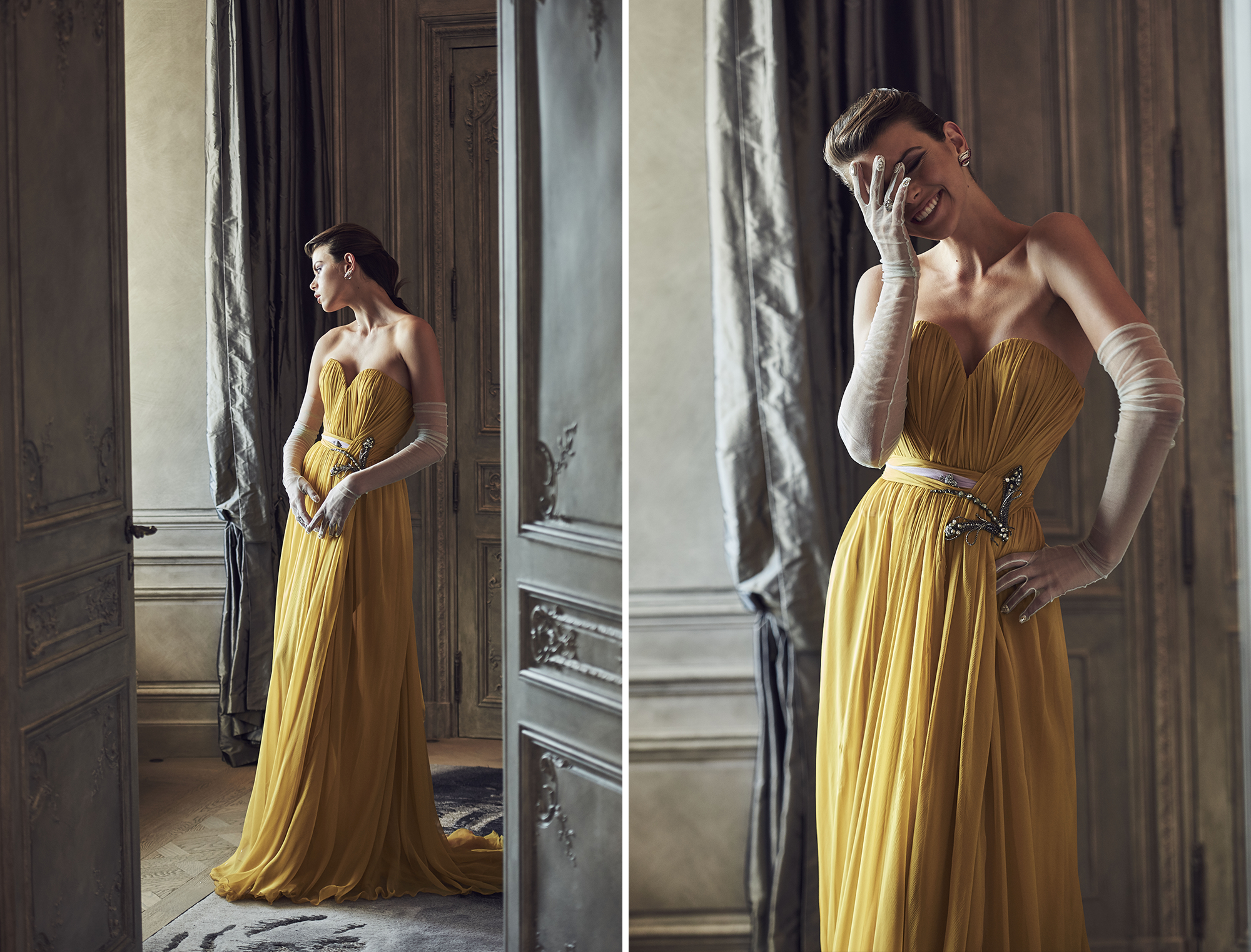 Clothing, Yellow, Dress, Gown, Fashion, Haute couture, Formal wear, Costume design, Photography, Art, 