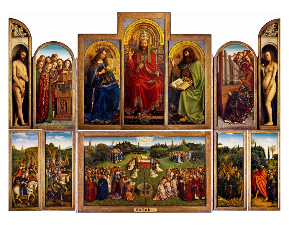 De aanbidding van het Lam Gods 1432 Binnenluiken van de polyptiek die alleen te zien waren op religieuze feestdagen en zondagen SintBaafskathedraal Gent